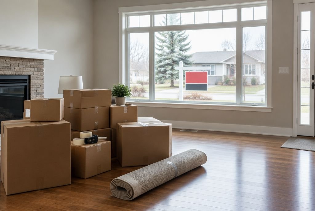 Moving boxes stacked in an empty living room