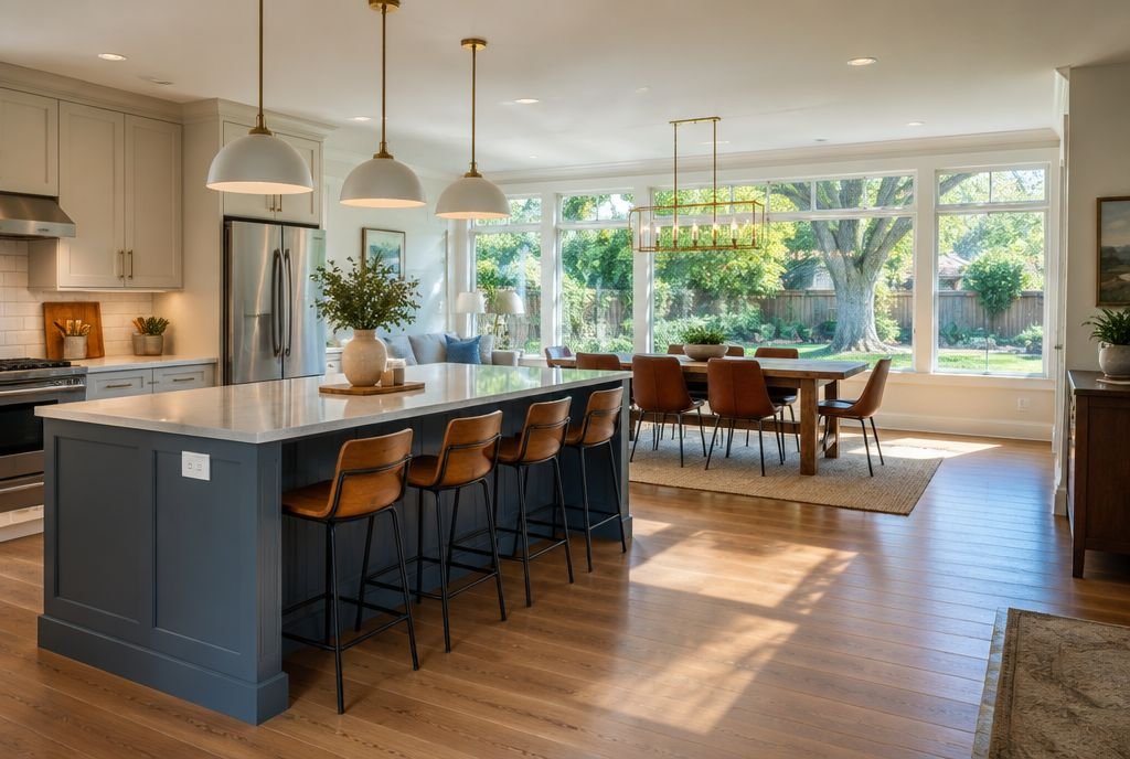 A bright kitchen and dining room in an established Calgary home with a rear addition
