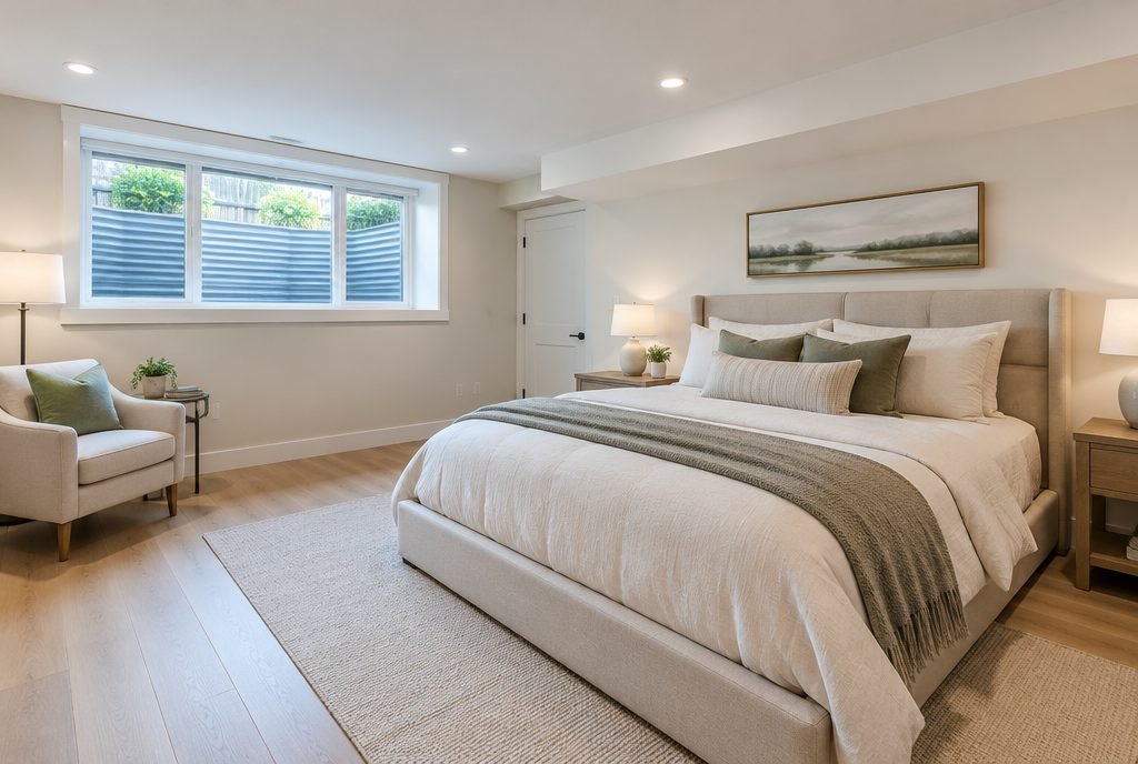 A finished basement bedroom with a large egress window and window well