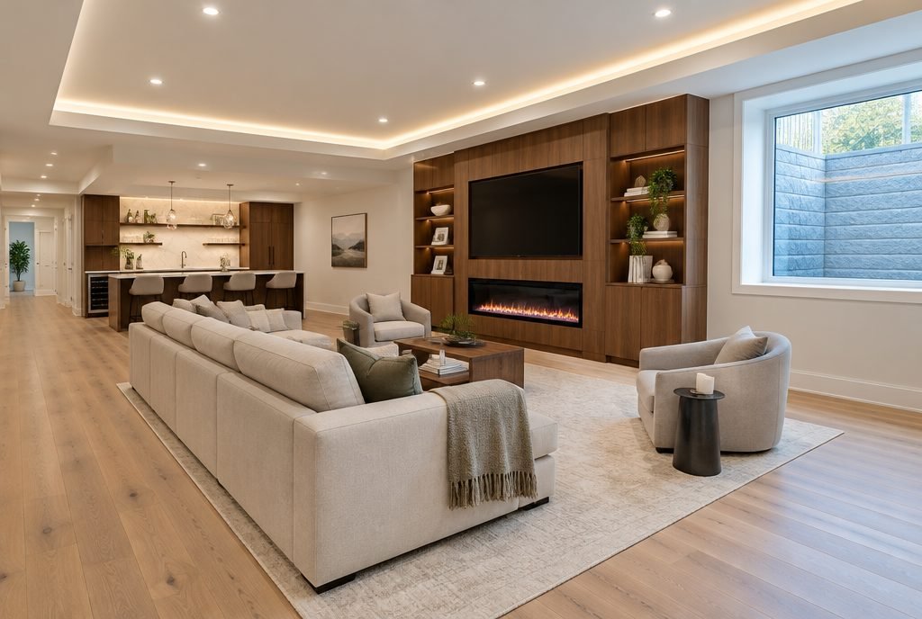 A finished basement family room with a fireplace media wall, egress window and wet bar