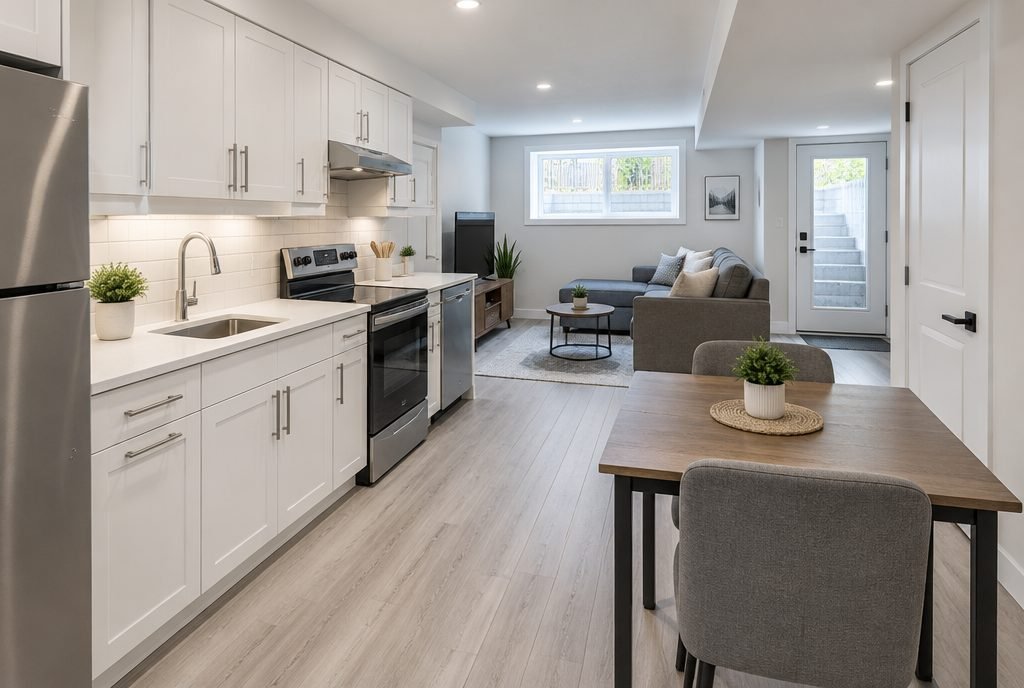 A legal basement suite with a compact kitchen, living area and separate entrance