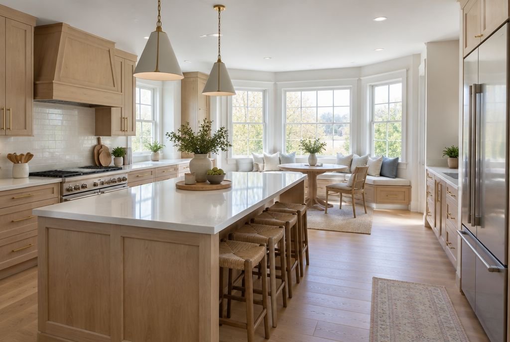 A renovated kitchen with a large island and a breakfast nook set into a bright bump-out bay