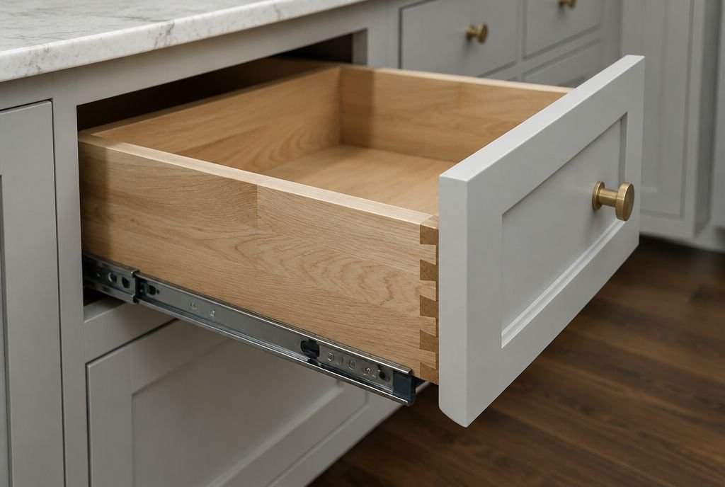 An open drawer showing a dovetailed wood drawer box on soft-close undermount slides