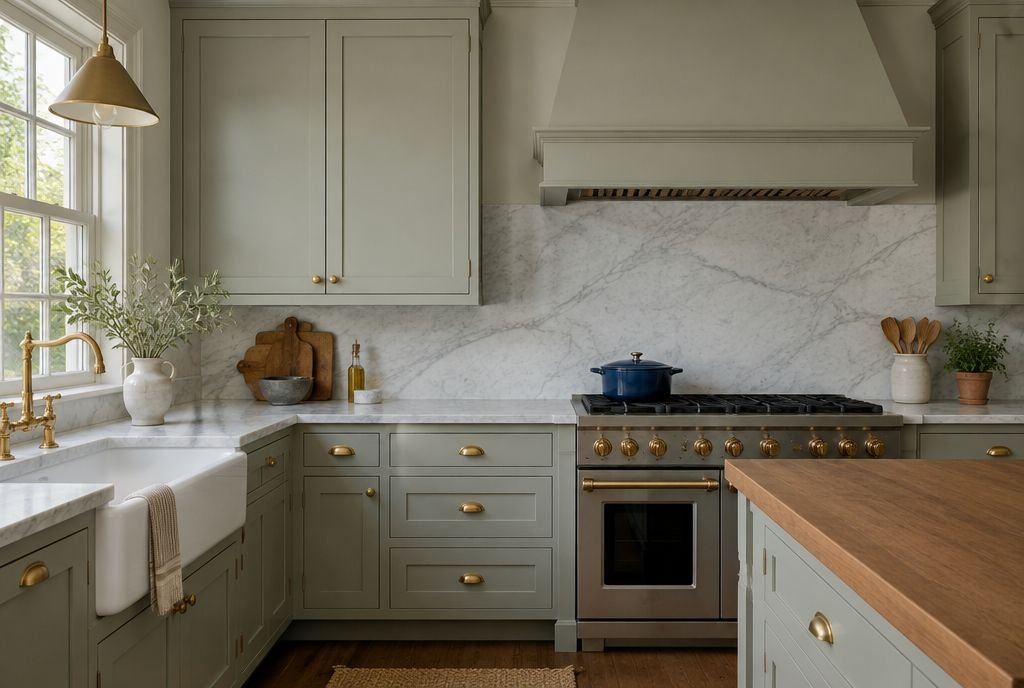 A kitchen with inset cabinet doors sitting flush inside painted face frames and brass hardware