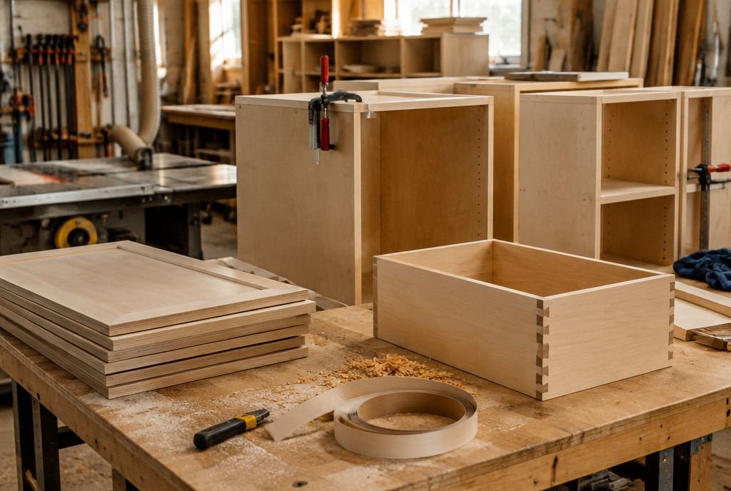 Plywood cabinet boxes being assembled in a cabinet workshop, with shaker doors and a dovetailed drawer box