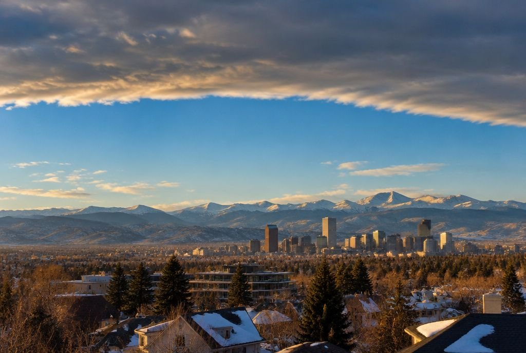 A chinook arch of clear sky under a long cloud bank over a prairie city with mountains beyond