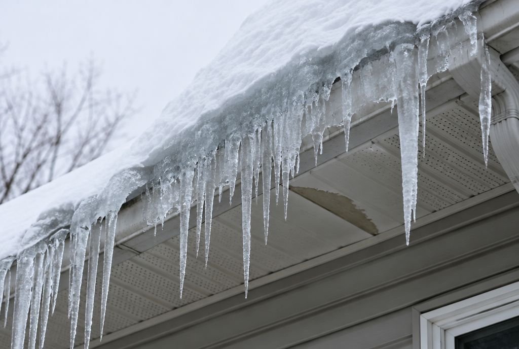 An ice dam and icicles along a roof edge and gutter, with a small water stain on the soffit