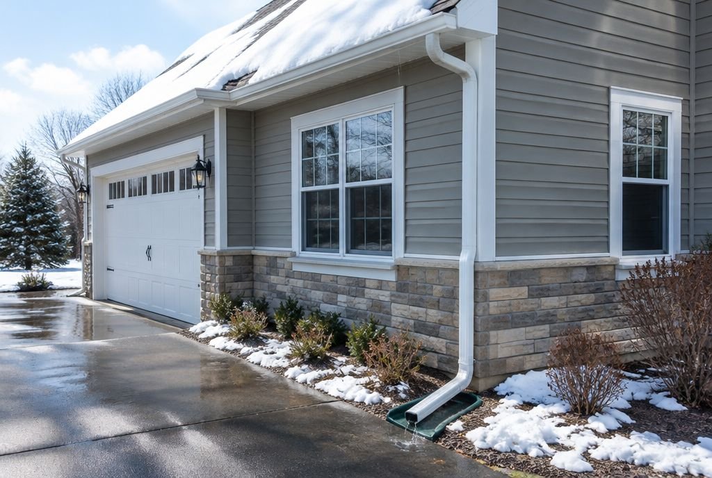 Snow melting off a roof and running through a gutter and downspout extension away from the foundation