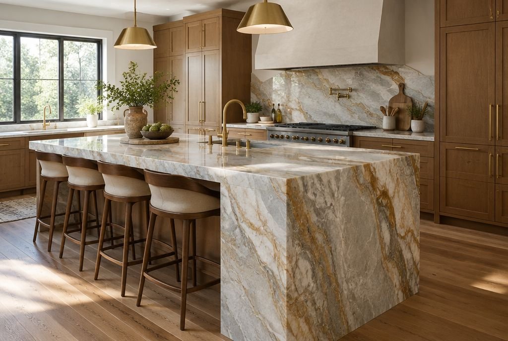 A kitchen island with a quartzite waterfall top showing dramatic natural veining