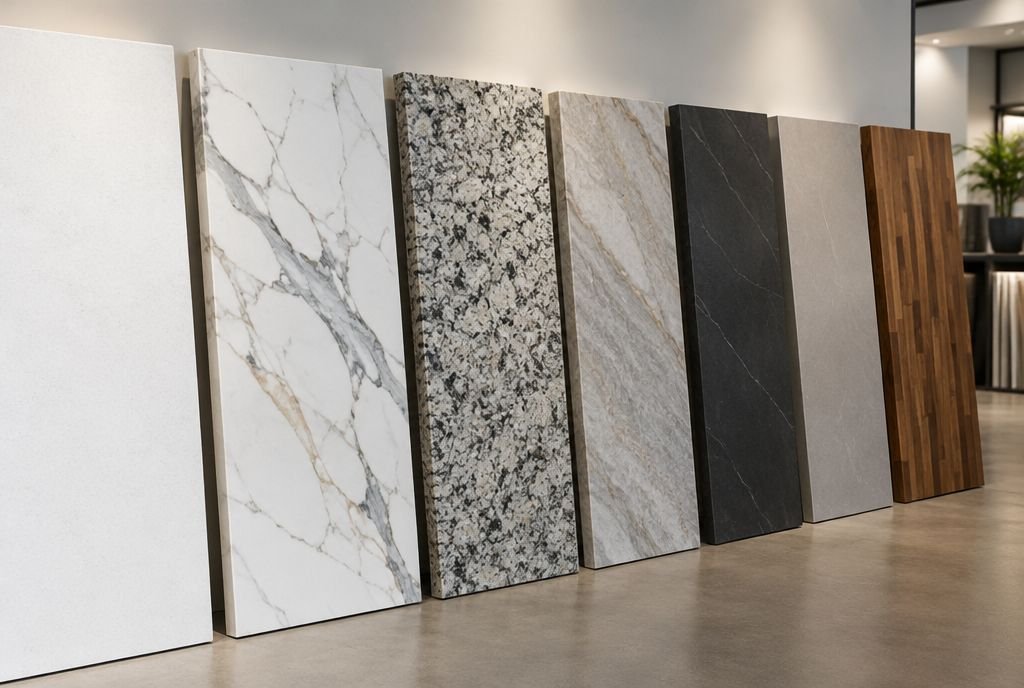 Countertop sample slabs side by side, including white quartz, veined marble, speckled granite, quartzite, soapstone, porcelain and butcher block