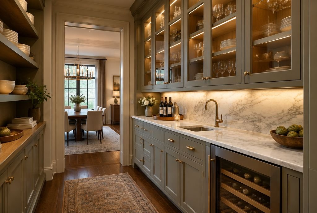A butler's pantry with glass-front cabinets, a prep sink and a wine fridge between the kitchen and dining room
