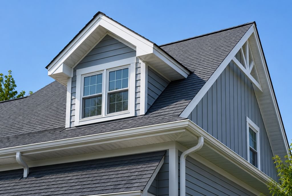 A house roof with a gabled dormer, fascia boards, vented soffits and gutters