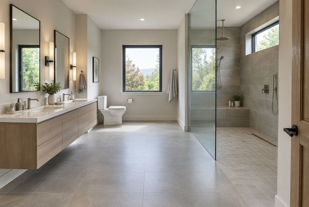 A bathroom with a floating double vanity, a toilet with generous side space and a curbless walk-in shower