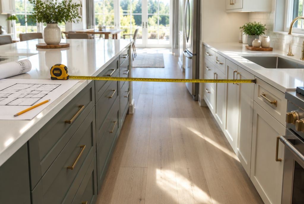 A tape measure stretched across the aisle between a kitchen island and counter, with floor plans on the island