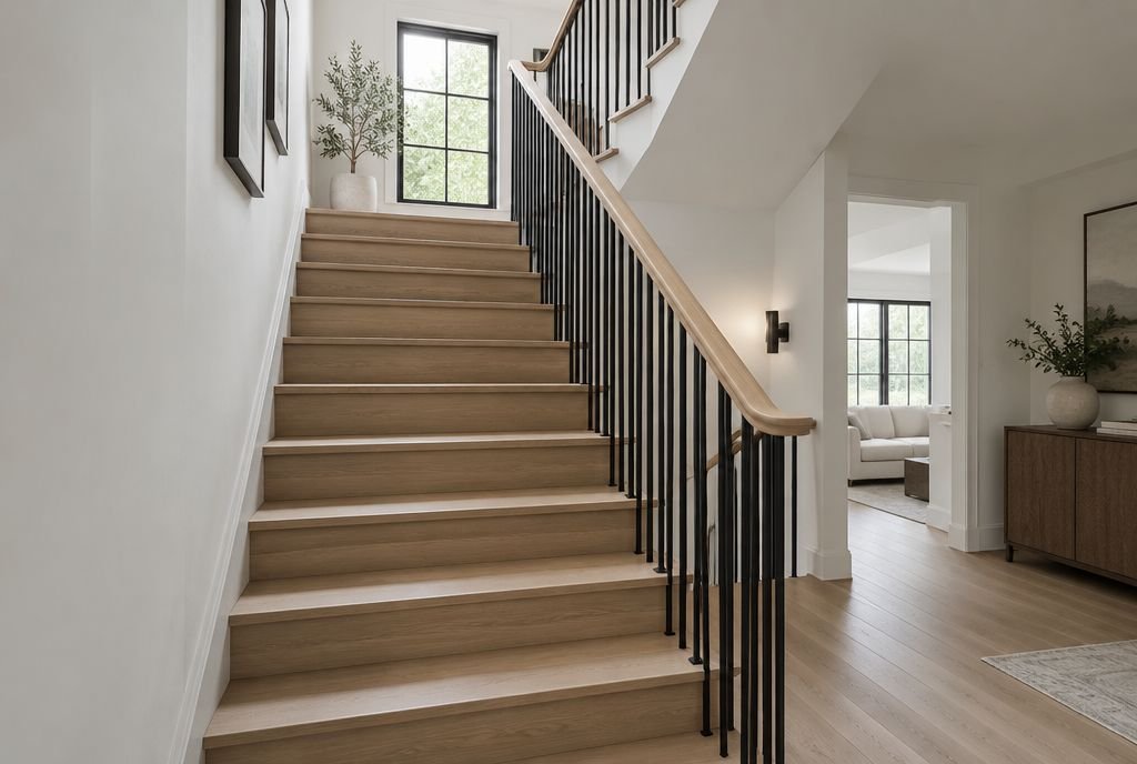 A white oak staircase with even treads, a continuous handrail and a black metal railing