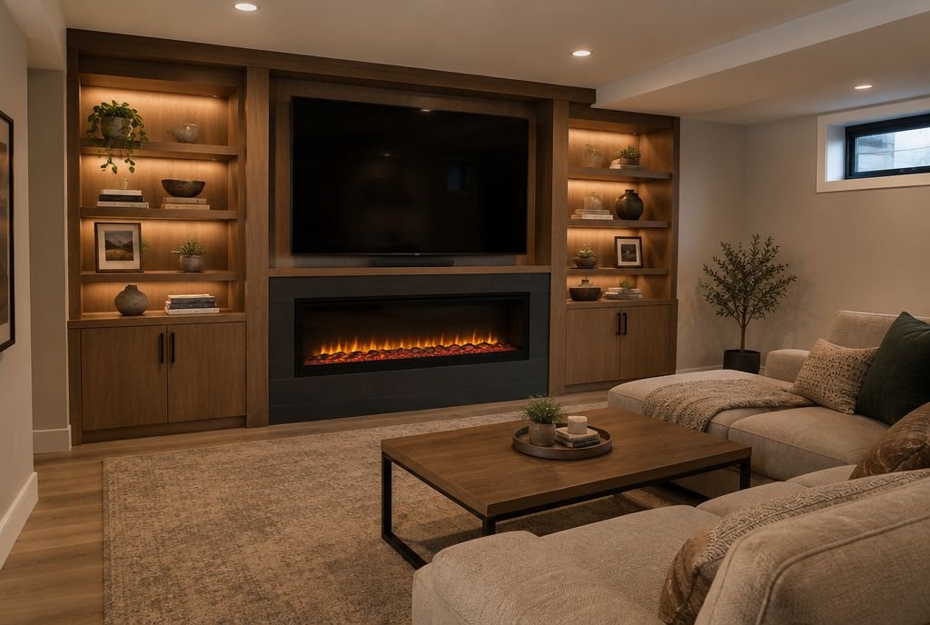A basement family room with an electric fireplace built into a custom media wall with wood shelving