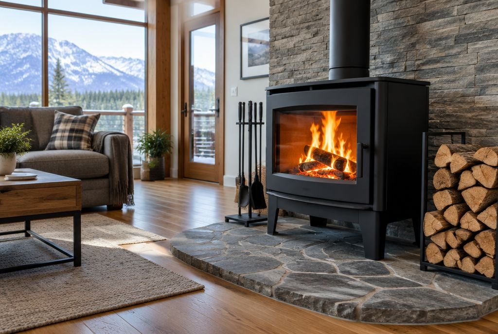 A modern wood stove with a glass door and a fire burning, on a stone hearth with stacked firewood beside it