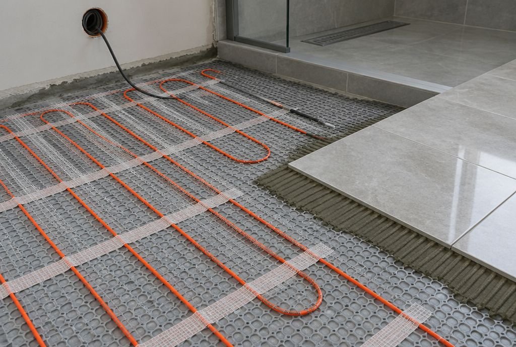 Electric radiant heating cable installed on a bathroom subfloor before tile