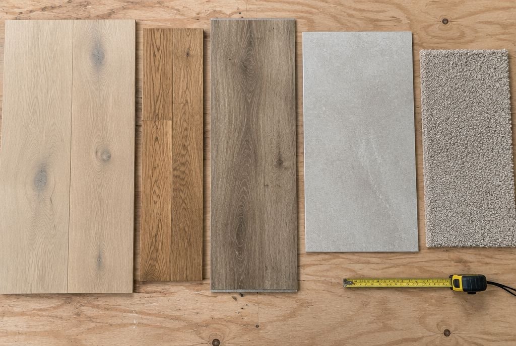 Flooring samples side by side, including engineered oak, solid hardwood, luxury vinyl plank, porcelain tile and carpet