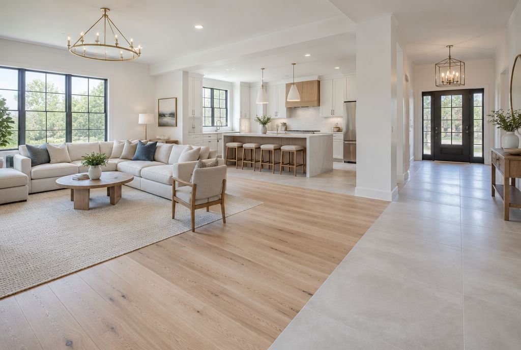 Wide-plank white oak flooring meeting large porcelain tile in a renovated home