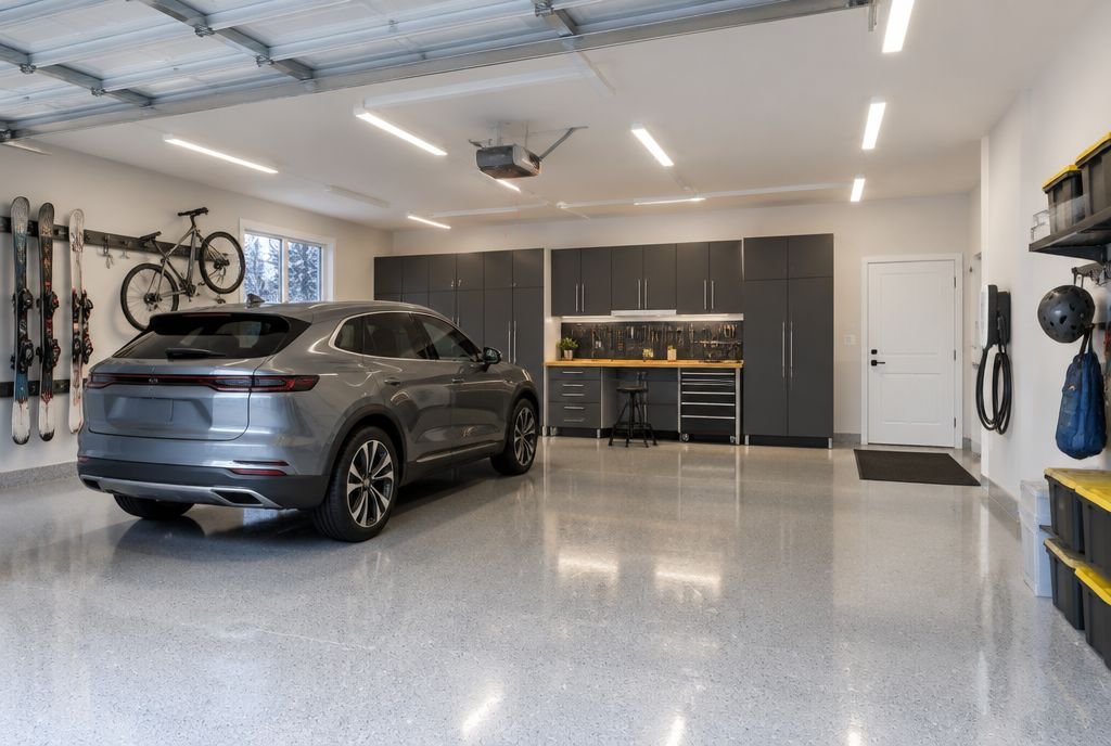 A clean heated attached garage with an epoxy floor, storage cabinets, a workbench and an EV charger