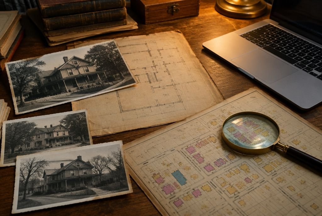 Old black and white house photographs, a faded hand-drawn floor plan and a magnifying glass on an archive table