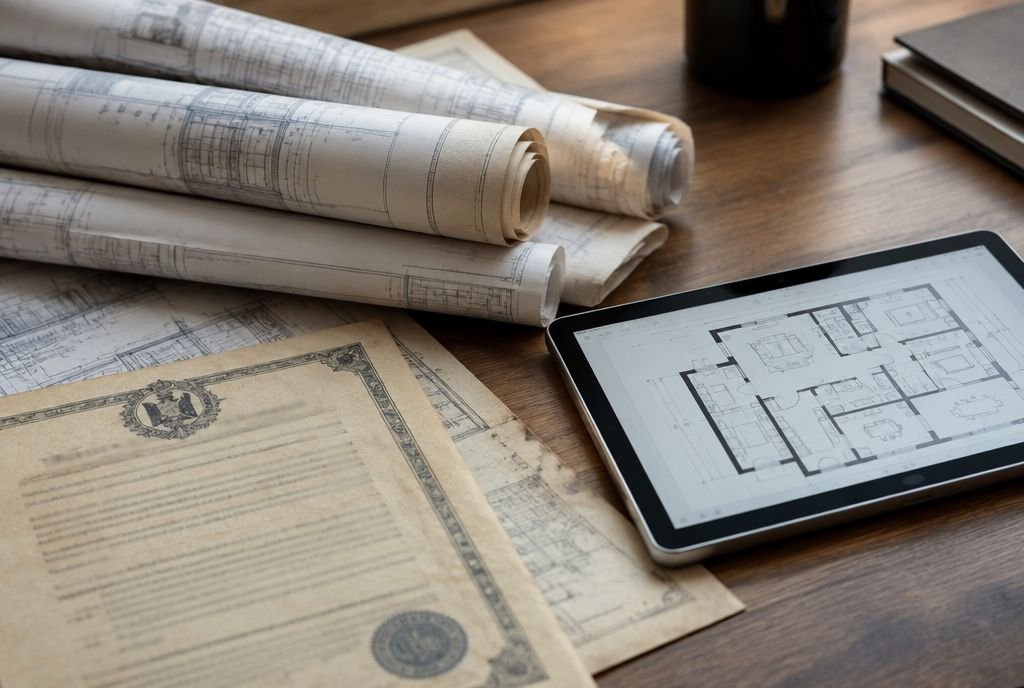 Old rolled blueprints and a vintage permit-style document beside a tablet showing a floor plan