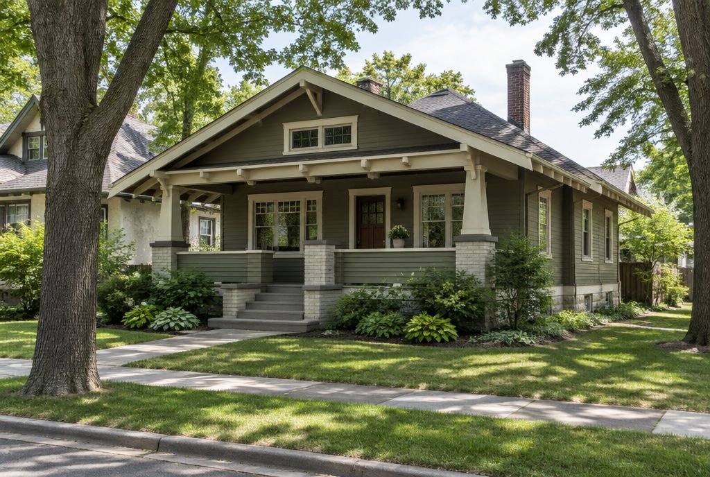 An early 1900s Craftsman bungalow with a deep front porch, tapered columns and wide eaves