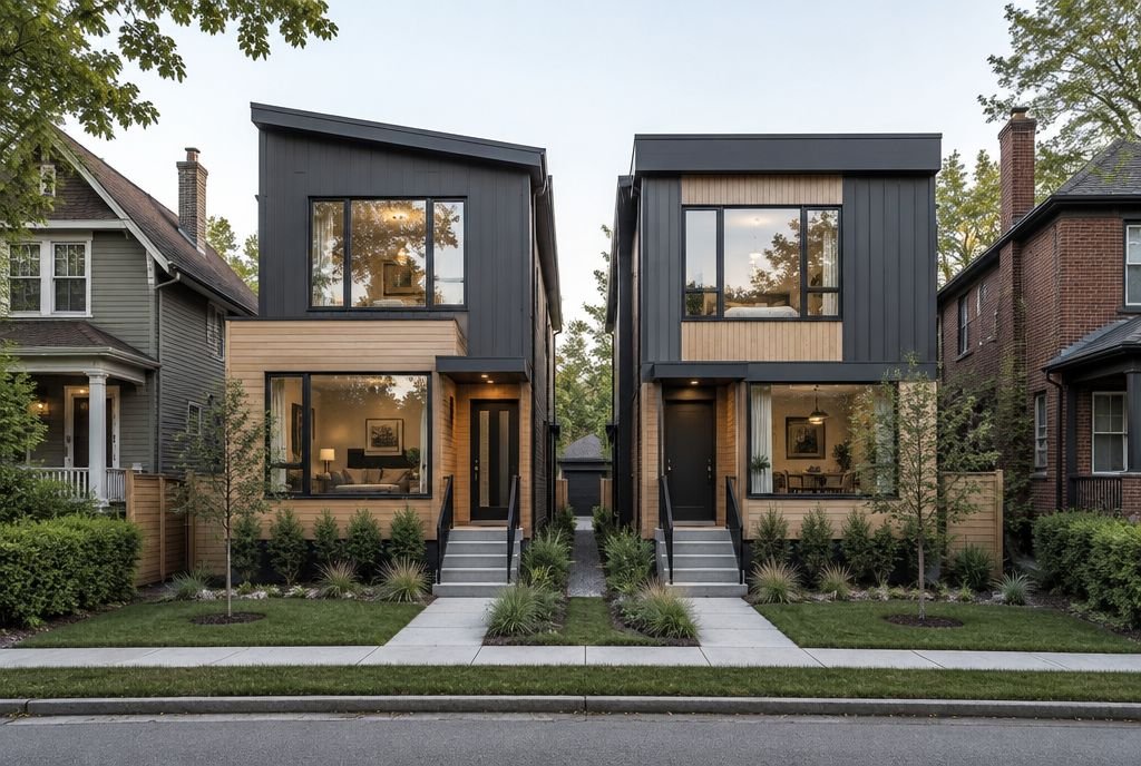 A pair of modern two-storey infill homes with dark metal and wood cladding on a narrow inner-city lot