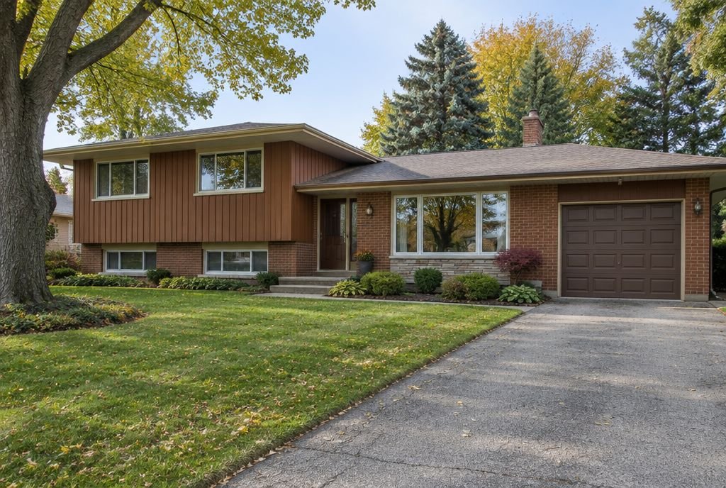 A 1970s split-level house with staggered levels, brick and wood siding and an attached garage