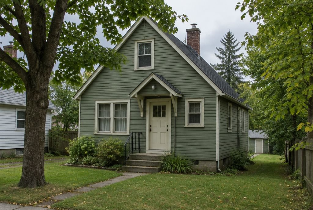 A small 1940s wartime house with a steep gable roof and narrow wood siding