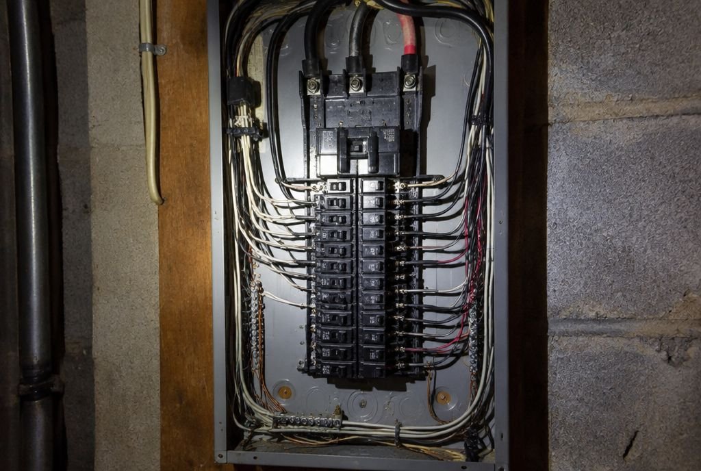 An older residential electrical panel with breakers and wiring, lit by a flashlight