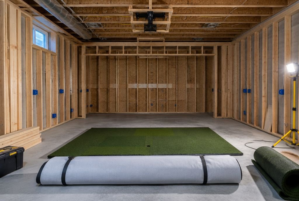 A golf simulator room under construction