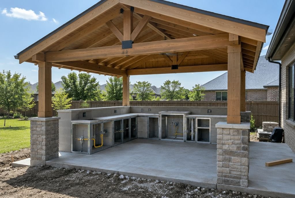 An outdoor kitchen under construction