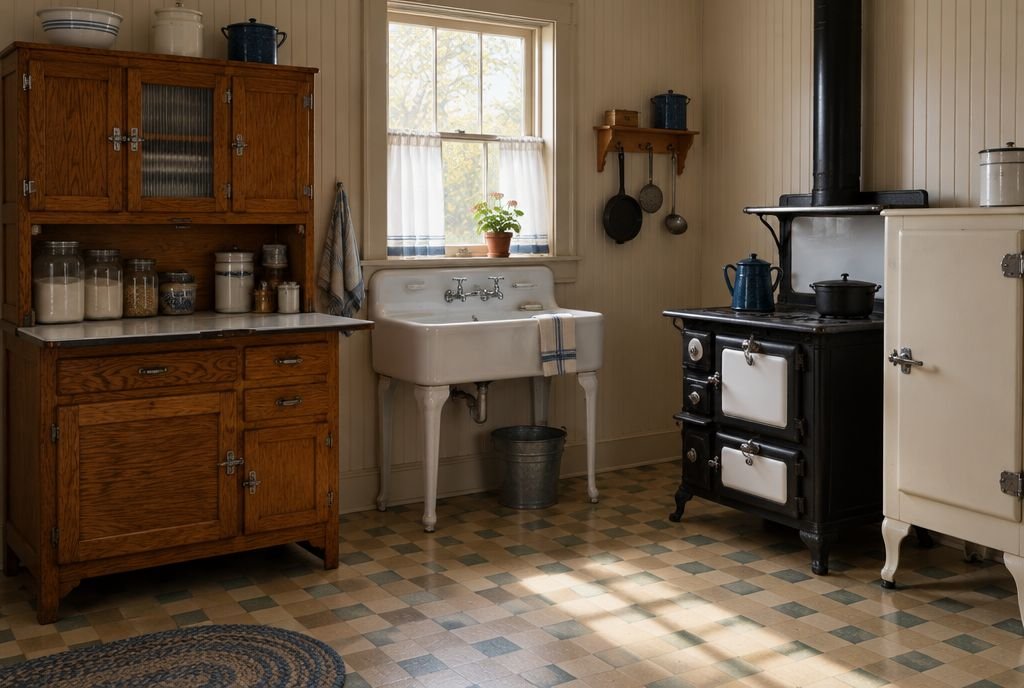 A 1920s kitchen with a freestanding Hoosier cabinet, an enamel sink on legs and a cast iron range