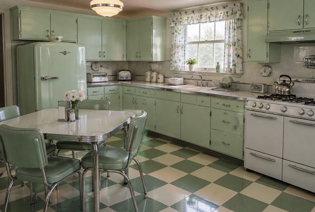 A 1950s kitchen with mint green metal cabinets, a rounded refrigerator, a chrome dinette and checkerboard floor