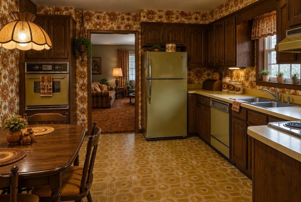 A 1970s kitchen with dark wood cabinets, harvest gold and avocado appliances and patterned wallpaper