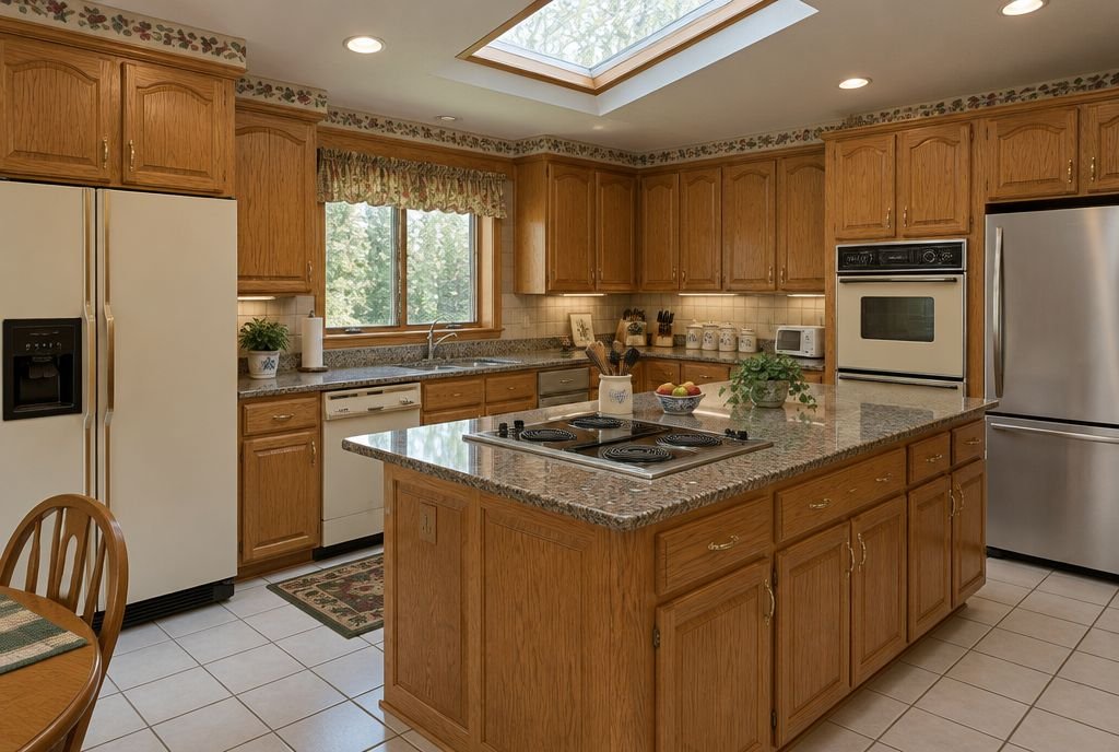 A 1990s kitchen with honey oak cabinets, almond appliances, a speckled granite counter and an island with a cooktop