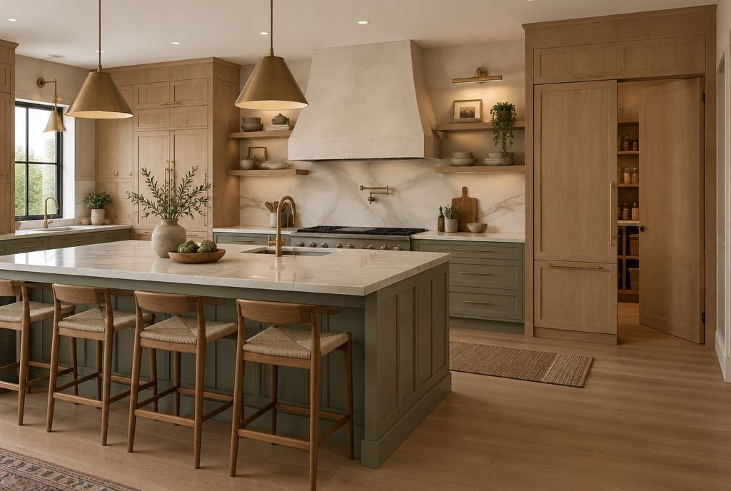 A 2020s kitchen with white oak and soft green two-tone cabinets, panel-ready appliances and a hidden pantry door