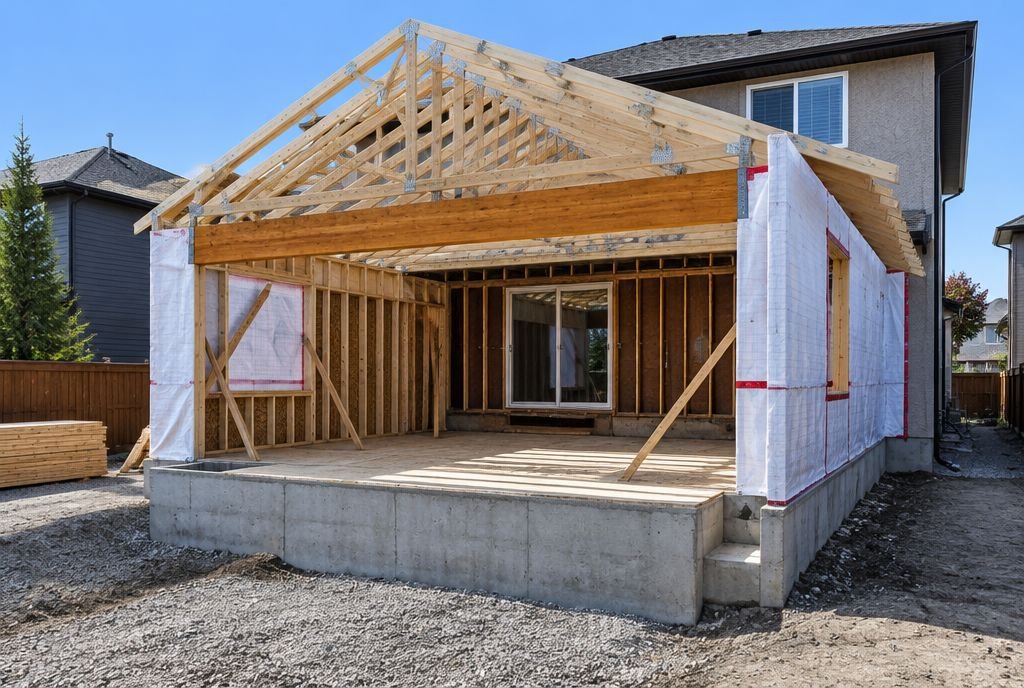 A kitchen addition under construction with new framing and roof trusses, the original back wall opened with a large beam