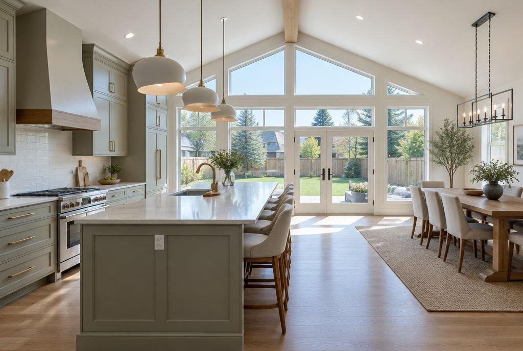 A bright kitchen in a rear addition with a vaulted ceiling, a long island and a wall of windows to the backyard