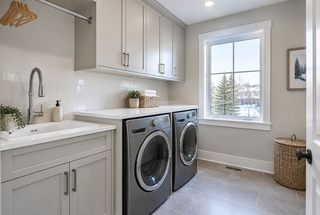 A main-floor laundry room with a folding counter, cabinets and a utility sink