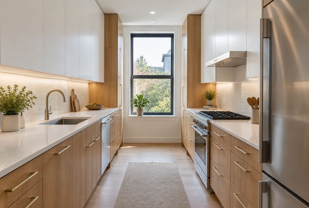 A modern galley kitchen with two parallel runs of cabinets and a window at the end