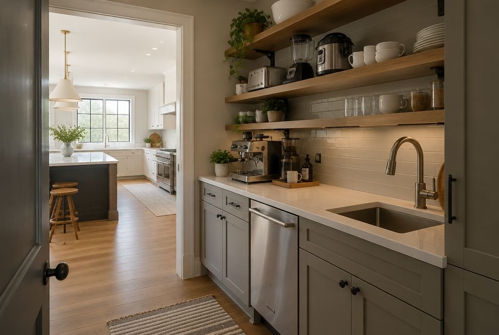 A scullery with a second sink, dishwasher, open shelves and a coffee station behind a calm main kitchen