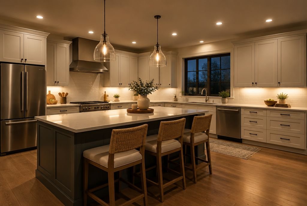 A kitchen at night with recessed lights, two pendants over the island and bright under-cabinet lighting