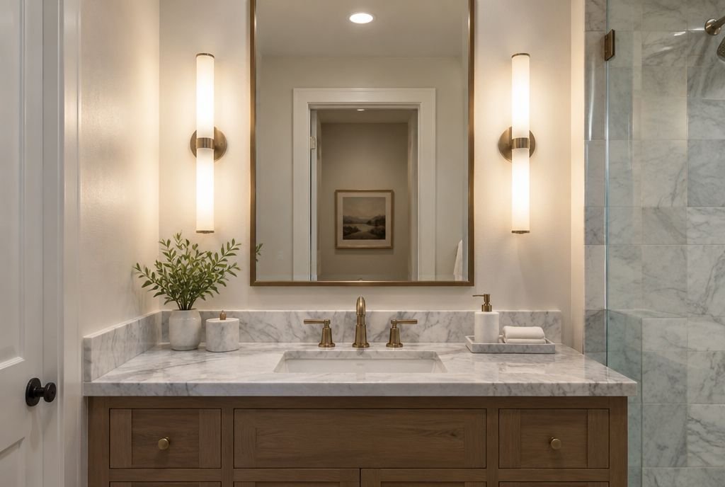 A bathroom vanity with two vertical sconces on either side of the mirror at face height