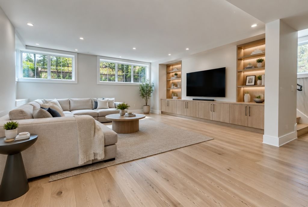 A finished basement family room with generous ceiling height, tall windows and a built-in media wall