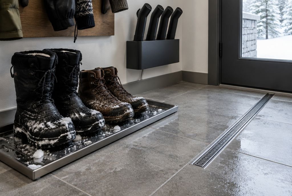 Large porcelain floor tiles sloped to a slim linear drain, with a metal boot tray, wet boots and a wall boot dryer