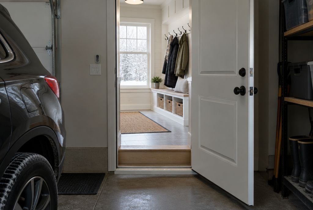 A view from an attached garage through a weatherstripped entry door into a bright mudroom with a bench and hooks, one step up