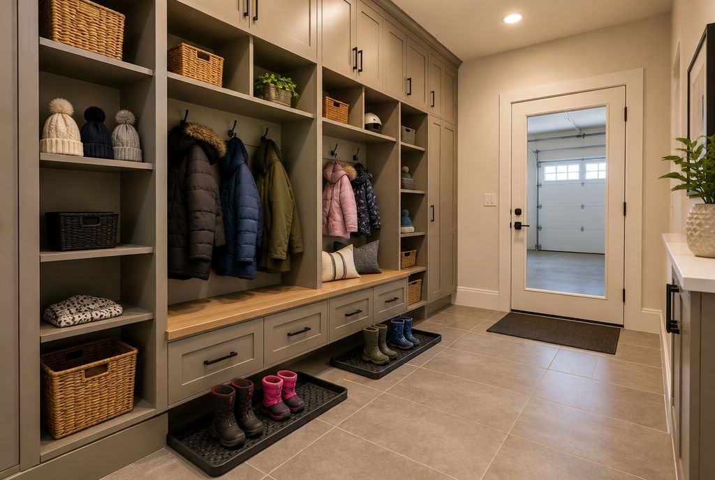 A custom mudroom with built-in lockers, a bench and boot trays